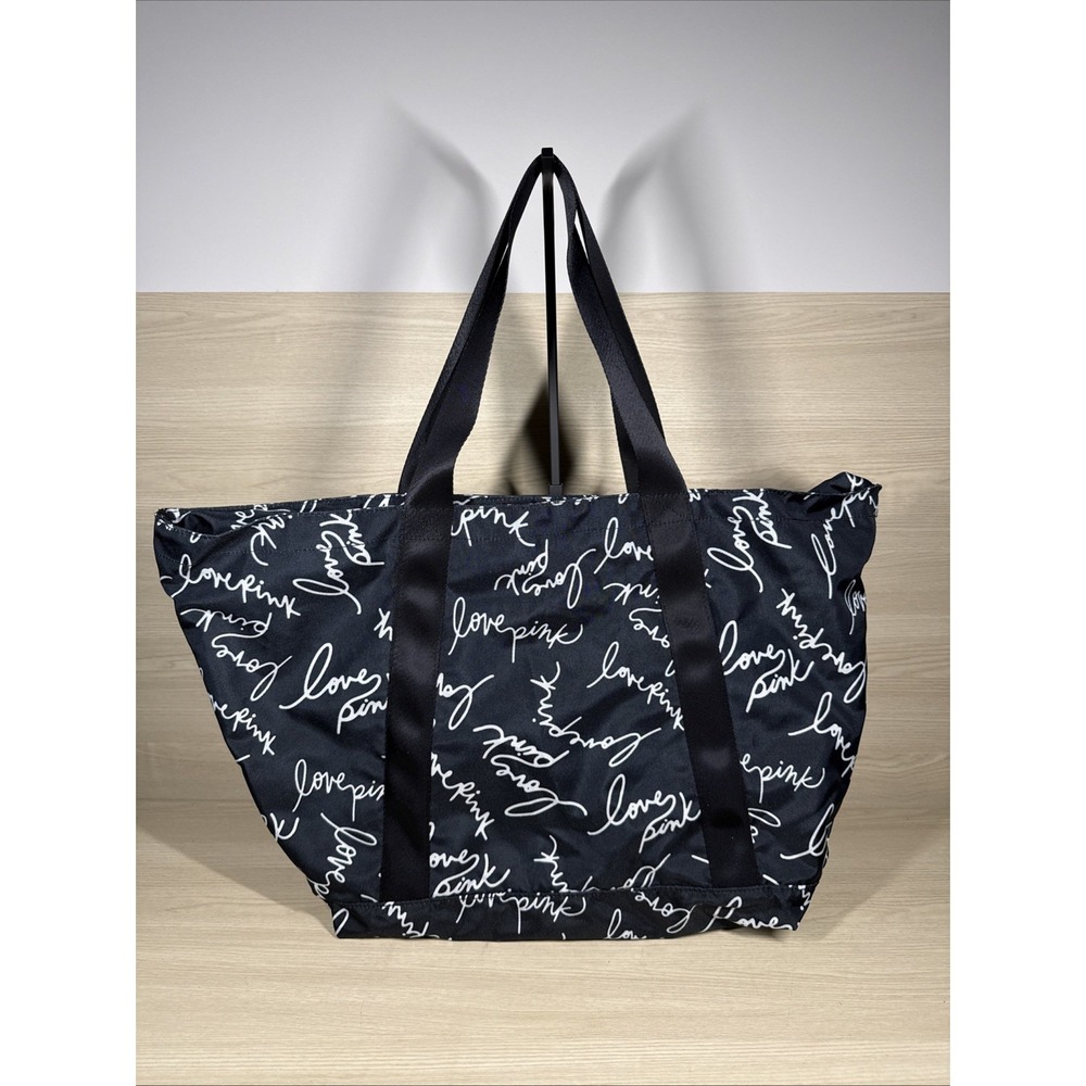 Victoria's Secret Pink Logo Weekender Tote BLACK with White Script Logo - New